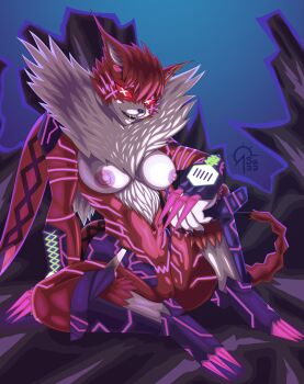 +_+ 10s 1girl armor breasts claws cleft_of_venus digimon digimon_adventure_tri. fangs fur_collar furry furry_female glowing glowing_markings highres large_breasts meicrackmon_vicious_mode navel neon_trim nipples pussy red_eyes sacrificabominat sharp_nails shoulder_armor sitting thighs wide_hips