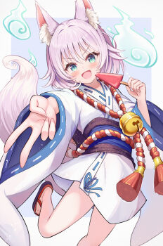 1girl :d animal_ear_fluff animal_ears bell black_sandals blue_background blush border commentary_request fang food fox_ears fox_girl fox_tail green_eyes grey_border grey_hair highres hitodama holding holding_food japanese_clothes jingle_bell kimono long_sleeves looking_at_viewer obi open_mouth original popsicle ribbon-trimmed_kimono ribbon_trim sakura_ani sandals sash smile solo tail v-shaped_eyebrows watermelon_bar white_kimono wide_sleeves zouri