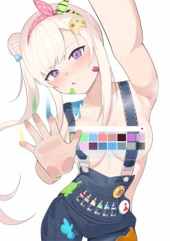 1girl absurdres airani_iofifteen armpits bare_shoulders blue_suspenders breasts cowboy_shot hair_bun highres hololive hololive_indonesia large_breasts paint_on_body paint_on_clothes paint_splatter paint_splatter_on_face purple_eyes shift_(shiftillust) simple_background solo suspenders sweat virtual_youtuber white_background white_hair