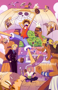 Rule 34 | 2girls, 6+boys, alvida (one piece), arlong, beer mug, blonde hair, boat, brown hair, buggy the clown, bush, captain kuro, cigar, cigarette, dark-skinned male, dark skin, denim, denim shorts, don krieg, door, flag, food, fruit, going merry, green hair, hair over one eye, highres, jolly roger, mandarin orange, mast, monkey d. luffy, mug, multiple boys, multiple girls, nami (one piece), nami (one piece) (east blue), news coo, one piece, orange hair, pirate ship, roronoa zoro, sail, sanji (one piece), shirt, shorts, skirt, smoker (one piece), steve yurko, straw hats jolly roger, striped clothes, striped shirt, usopp, v-neck, watercraft, window, wooden floor, yellow skirt