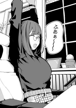 1girl :d :o absurdres arms_up commentary_request glasses greyscale highres long_sleeves medium_hair monochrome open_mouth original picture_frame shinme08 sitting smile speech_bubble wristband