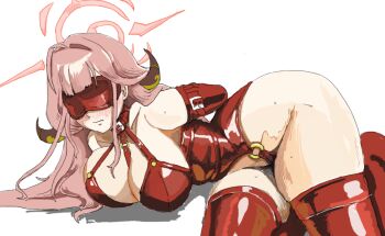 1girl aru_(blue_archive) bare_shoulders bdsm blindfold blue_archive blunt_bangs blush bondage bound breasts collar commentary_request curvy damu_(damudamu) demon_horns elbow_gloves gloves groin halo halterneck highleg highleg_leotard horns large_breasts leotard long_hair lying on_side pink_hair pink_halo red_gloves red_leotard red_thighhighs restrained slave solo sweat thighhighs thighs wide_hips