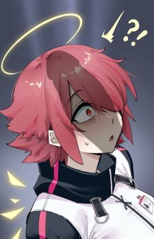Rule 34 | !?, 1girl, ^^^, arknights, chinese commentary, commentary request, constricted pupils, detached wings, exusiai (arknights), hair over one eye, halo, highres, ikamochi kalong, jacket, one eye covered, open mouth, penis shadow, pink hair, portrait, red eyes, scared, short hair, sweatdrop, traditional halo, white jacket, wings, yellow halo