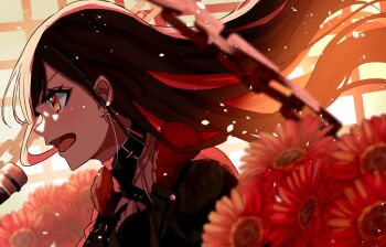 Rule 34 | 1girl, 7naako5, black hair, black jacket, chain, colored inner hair, commentary request, earrings, flower, fur-trimmed jacket, fur trim, jacket, jewelry, long hair, microphone, multicolored hair, open clothes, open jacket, open mouth, orange eyes, profile, project sekai, red flower, red hair, shiraishi an, solo, very long hair