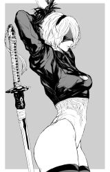 Rule 34 | 1girl, 2b (nier:automata), absurdres, arm behind head, arm up, arms up, blindfold, breasts, cleavage, cleavage cutout, closed mouth, clothing cutout, commentary, covered navel, feather trim, grey background, greyscale, hair ornament, hairband, highleg, highleg leotard, highres, leotard, lips, long sleeves, medium breasts, monochrome, nier:automata, nier (series), nishiii26miii, puffy sleeves, short hair, simple background, solo, sword, thighhighs, thighs, virtuous contract, weapon