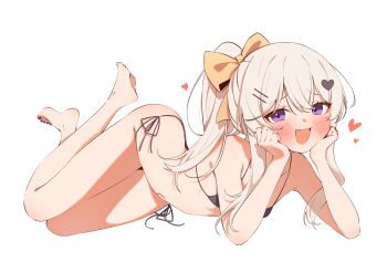 1girl absurdres arm_rest ass bare_legs bare_shoulders barefoot bikini black_bikini blush breasts fang feet flat_chest hands_on_own_cheeks hands_on_own_face hands_on_own_head head_rest heart highres leaning long_hair lying nail_polish navel open_mouth original ponytail purple_eyes purple_nails rachi side-tie_bikini_bottom small_breasts soles swimsuit thighs toenail_polish toenails toes white_hair