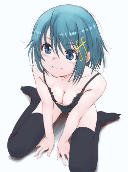 1girl arm_support between_legs black_bra black_panties black_thighhighs blue_eyes bra breasts cleavage collarbone commentary_request fortissimo from_above hair_ornament hand_between_legs highres mahou_shoujo_madoka_magica mahou_shoujo_madoka_magica_(anime) marutaya miki_sayaka musical_note musical_note_hair_ornament panties short_hair simple_background sitting smile solo thighhighs underwear wariza white_background