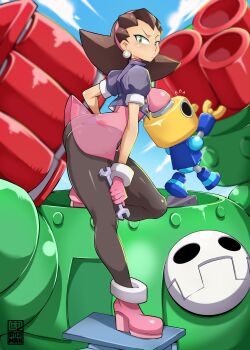 1girl absurdres ass bayeuxman black_pantyhose blurry blurry_background breasts brown_hair dress green_eyes highres large_breasts long_hair mega_man_(series) mega_man_legends_(series) pantyhose pink_dress see-through_clothes see-through_dress servbot_(mega_man) solo_focus tron_bonne_(mega_man)