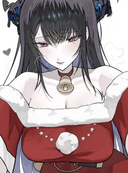 1girl absurdres asymmetrical_horns bare_shoulders black_hair black_horns blue_hair breasts breath cleavage collar dress ewn heart highres hololive hololive_english horns large_breasts long_hair mole mole_under_eye multicolored_hair nerissa_ravencroft purple_eyes red_collar red_dress simple_background solo strapless strapless_dress tongue tongue_out two-tone_hair uneven_horns upper_body virtual_youtuber white_background