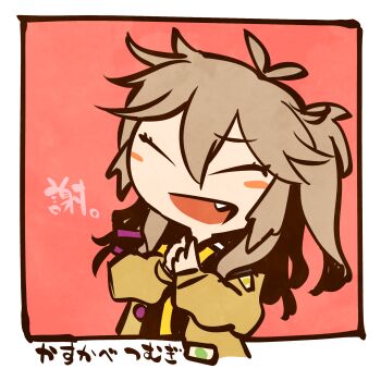 1girl antenna_hair apologizing black_shirt blush_stickers border brown_cardigan brown_hair cardigan character_name chibi closed_eyes commentary_request facing_viewer fang hair_between_eyes highres kasukabe_tsumugi kuron_(uhhr2odhrppc5nw) long_hair necktie one_side_up open_cardigan open_clothes open_mouth outside_border palms_together red_background shirt simple_background smile solo translation_request upper_body voicevox white_border yellow_necktie