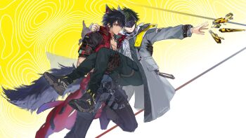 Rule 34 | 2boys, animal ears, arknights, arknights: endfield, artist name, belt, black belt, black gloves, black hair, brown eyes, carrying, chest belt, commentary request, cropped jacket, cropped torso, endministrator (arknights), facial scar, gloves, grey jacket, grey sweater, hair between eyes, highres, jacket, long sleeves, looking at viewer, male endministrator (arknights), male focus, multiple boys, open clothes, open jacket, pectoral cleavage, pectorals, princess carry, puffy long sleeves, puffy sleeves, red jacket, scar, scar on cheek, scar on chest, scar on face, shatinmcp, signature, solo, sweater, tail, turtleneck, turtleneck sweater, weapon, wolf boy, wolf ears, wolf tail, wulfgard (arknights), yaoi