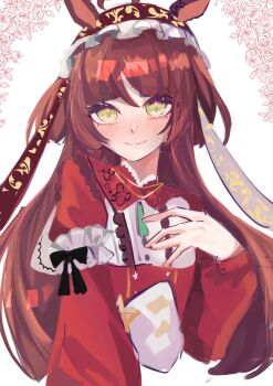 1girl animal_ears armband black_bow bow character_request commentary_request dress flower frilled_armband frills green_eyes green_pupils headdress highres horse_ears horse_girl long_sleeves looking_at_viewer red_desire_(umamusume) red_dress red_hair shipapome smile solo umamusume upper_body white_armband white_background