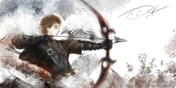 1boy arm_guards armor arrow_(projectile) artskiddy69 black_shirt bow_(weapon) breastplate brown_eyes brown_hair chest_guard from_side highres holding holding_arrow holding_bow_(weapon) holding_weapon kai_(shadow_slave) male_focus serious shadow_slave shirt short_hair solo t-shirt upper_body weapon