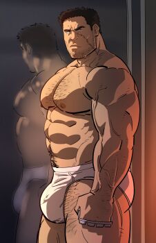 Rule 34 | 1boy, abs, absurdres, bara, beard stubble, black hair, boku no hero academia, brass knuckles, briefs, bulge, facial hair, highres, knuckleduster (boku no hero academia), large pectorals, male focus, male underwear, muscular, muscular male, navel hair, nipples, pectorals, reflection, scar, scar on face, short hair, solo, sparse chest hair, stubble, topless male, underwear, underwear only, unspoken (firebreath110), variant set, veins, vigilante -boku no hero academia: illegals-, weapon, white male underwear