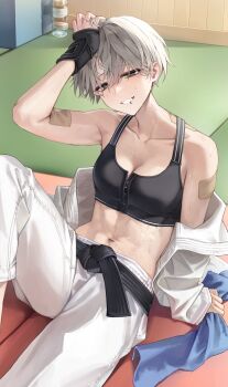 1girl abs bandaid black_sports_bra dougi grey_hair highres karate_gi looking_at_viewer midriff navel open_mouth original piercing sabotensuteeki short_hair sitting sports_bra sweat tomboy towel