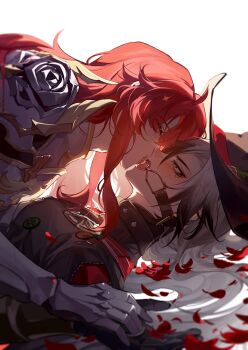 2boys absurdres ahoge argenti_(honkai:_star_rail) armor black_eyes black_hair black_hat black_jacket boothill_(honkai:_star_rail) breastplate closed_eyes commentary cowboy_hat cropped_jacket crossed_bangs cyborg gag gagged gauntlets gold_trim gradient_hair hair_between_eyes hat hat_feather highres holding_hands honkai:_star_rail honkai_(series) jacket kiss long_hair looking_at_another lying male_focus mole mole_under_eye multicolored_hair multiple_boys on_back open_mouth parted_bangs pauldrons petals qinnye red_hair ring_gag rose_petals sharp_teeth sheriff_badge shoulder_armor sidelocks simple_background symbol-only_commentary teeth tongue tongue_out vambraces white_background white_hair yaoi