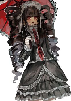 1girl absurdres asagao_(asagao0226agsi) black_hair black_jacket black_nails bonnet celestia_ludenberg claw_ring commentary_request danganronpa:_trigger_happy_havoc danganronpa_(series) drill_hair earrings frills gothic_lolita highres jacket jewelry lolita_fashion long_hair long_sleeves looking_at_viewer necktie red_eyes red_necktie shirt skirt solo twin_drills twintails