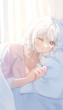 1girl :o ahoge blanket blush breasts cleavage collarbone commentary_request curtains head_on_pillow highres long_hair long_sleeves looking_at_viewer lying matoi_(pso2) on_bed on_side one_eye_closed pajamas parted_lips phantasy_star phantasy_star_online_2 pillow pink_pajamas pink_shirt red_eyes shirt sitwocution solo under_covers waking_up white_hair
