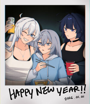 3girls ahoge blue_eyes bronya_zaychik can choker chopsticks commentary cup drink_can english_commentary grey_eyes grey_hair hair_between_eyes hair_down happy_new_year highres holding honkai_(series) honkai_impact_3rd hood hoodie instant_cup_noodles instant_noodles jewelry kiana_kaslana multiple_girls necklace new_year off_shoulder purple_eyes purple_hair raiden_mei rena_(rrena) soda_can tank_top white_hair