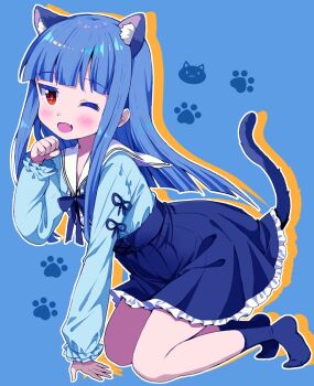 Rule 34 | 1girl, animal ears, blue eyes, blue theme, blush, cat ears, cat girl, cat tail, frilled skirt, frills, full body, high-waist skirt, idolmaster, idolmaster cinderella girls, kneeling, long hair, looking at viewer, michii yuuki, no shoes, one eye closed, paw pose, red eyes, sailor collar, sajo yukimi, skirt, smile, socks, solo, tail