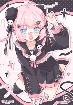 Rule 34 | 1girl, :d, ahoge, bandaid, bandaid on face, bandaid on nose, black dress, black shoes, blue eyes, blush stickers, bun cover, commentary, double bun, dress, drop shadow, full body, grid background, hair bun, hand up, highres, long sleeves, looking at viewer, open mouth, original, outline, pink hair, shoes, short hair, sitting, sleeves past wrists, smile, solo, white outline, yukomeow