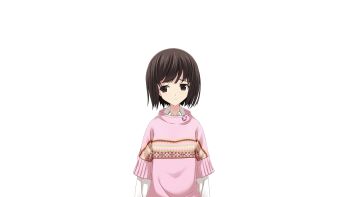 1girl bob_cut brown_eyes brown_hair chaos;child child collared_shirt game_cg highres looking_to_the_side matsuo_yukihiro non-web_source official_art pink_sweater sad science_adventure shirt short_hair solo sprite sweater swept_bangs tachibana_yui transparent_background white_shirt