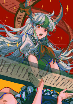 Rule 34 | 2girls, :o, arm support, blue dress, bow, commentary request, dated, dress, dual persona, ex-keine, fangs, floating hair, green dress, green hair, grey hair, highres, horn bow, horn ornament, horns, kamishirasawa keine, long hair, looking at viewer, multicolored hair, multiple girls, neckerchief, necktie, noriuma, open mouth, puffy short sleeves, puffy sleeves, red bow, red eyes, red neckerchief, red necktie, scroll, short sleeves, signature, streaked hair, touhou, two-tone hair, very long hair, white hair
