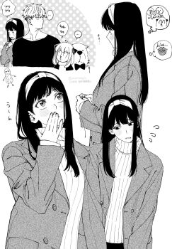 Rule 34 | ..., 1boy, 2girls, animal, anya (spy x family), averting eyes, black hair, blush, bond (spy x family), bow, bowtie, coat, collarbone, covering own mouth, dog, embarrassed, family, flying sweatdrops, from side, greyscale, hairband, heart, highres, lips, long hair, long sleeves, monochrome, multiple girls, multiple views, nervous sweating, open clothes, open coat, own hands together, p notninjin, parted lips, profile, puckered lips, ribbed sweater, screentones, sidelocks, speech bubble, spoken ellipsis, spy x family, sweat, sweater, thought bubble, translation request, turtleneck, turtleneck sweater, twilight (spy x family), twitter username, upper body, yor briar