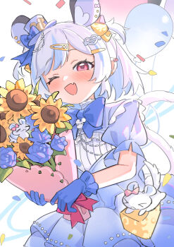 1girl absurdres animal_ears balloon blue_bow blue_bowtie blue_gloves blush bouquet bow bowtie cheese confetti fang flower food gloves hair_ornament hairclip hashtag-only_commentary hat heart highres holding holding_bouquet indie_virtual_youtuber maplesights mini_hat nemimi_yane one_eye_closed open_mouth skin_fang smile sunflower tail virtual_youtuber yellow_flower