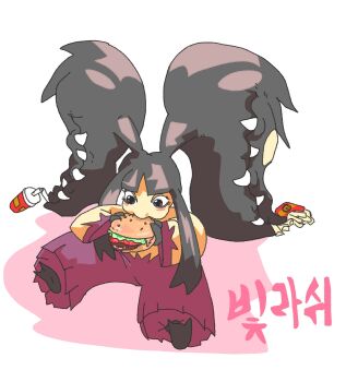 1girl big_hair black_hair black_skin brown_eyes burger colored_skin eating extra_mouth food full_body gen_3_pokemon highres holding holding_burger holding_food living_hair long_hair looking_at_object mawile mega_mawile mega_pokemon nintendo pokemon pokemon_(creature) positibe purple_skin simple_background sitting solo white_background yellow_skin