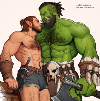2boys abs arm_hair armpit_hair armpit_hair_peek axe back_hair bara beard beard_stubble belt blush bone chest_hair closed_mouth colored_skin connected_beard couple cowboy_shot dreadlocks earrings elf eye_contact eyebrow_cut eyebrow_piercing face_piercing facial_hair full_beard green_skin hairy half_updo hand_hair height_difference holding holding_axe interspecies jewelry large_pectorals leather_shorts leg_hair loincloth long_beard looking_at_another male_focus marcus_(rnarccus) mature_male monster_boy multiple_boys muscular muscular_arms muscular_male mustache_stubble navel_hair neckbeard nipple_hair nipples orc original paid_reward_available pectorals piercing pointy_ears scabbard sheath skull_belt sparse_leg_hair stubble thick_arm_hair thick_beard thick_chest_hair thick_navel_hair tribal tusks undercut vambraces very_hairy white_background yaoi