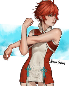 1girl commentary_request dress fire_emblem fire_emblem_fates garter_straps highres hinoka_(fire_emblem) japanese_clothes looking_to_the_side microdress nanbu_yasumi nintendo red_eyes red_hair short_hair stretching