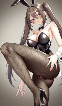Rule 34 | 1girl, absurdres, animal ear hairband, animal ears, black bow, black bowtie, black leotard, black pantyhose, black shoes, bow, bowtie, breasts, brown eyes, brown hair, commentary request, detached collar, fake animal ears, fishnet pantyhose, fishnets, hairband, high heels, highres, large breasts, leotard, long hair, original, pantyhose, playboy bunny, rabbit ears, rabbit tail, shoes, solo, standing, standing on one leg, strapless, strapless leotard, tail, twintails, wrist cuffs, yabanashi inaba