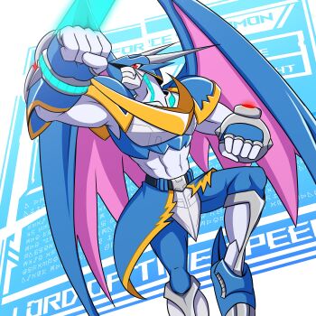 Rule 34 | absurdres, arm blade, armor, blue armor, blue background, character name, commentary, digimoji, digimon, digimon (creature), dragon, energy sword, english commentary, festus flare, highres, holographic interface, red eyes, solo, sword, ulforcev-dramon, weapon, white background