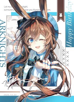 1girl ;d absurdres amiya_(arknights) animal_ears arknights beret blue_collar blue_eyes blue_hat brown_hair character_name chinese_commentary collar commentary commentary_request copyright_name dated english_commentary english_text hair_between_eyes hands_up happy_birthday hat highres holding jewelry lanmei_nai_fu_ye long_hair long_sleeves looking_at_viewer mixed-language_commentary multiple_rings one_eye_closed open_mouth ponytail rabbit_ears rabbit_girl ring ring_on_every_finger smile solo upper_body zoom_layer