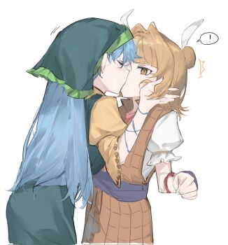 ! 2girls apron arm_ribbon armor armored_dress double_bun dress green_apron green_headscarf green_hood hair_bun haniyasushin_keiki headscarf highres jewelry joutouguu_mayumi kiss magatama magatama_necklace multiple_girls necklace ribbon single_strap takoyaki5221 touhou vambraces white_background white_ribbon wood_carving_tool yellow_armor yellow_dress yuri