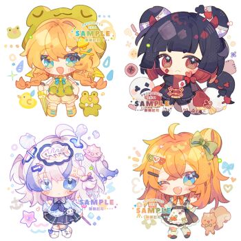 4girls :d ;d animal_ears bear_ears bear_girl black_hair black_jacket black_shorts blue_eyes blue_hair blue_neckerchief blue_shirt blunt_bangs blush_stickers braid brown_shoes brown_skirt chibi chibi_only closed_mouth commentary commission facing_viewer fang frilled_skirt frills frog frog_hat full_body green_hat hashtag-only_commentary hat heterochromia highres holding holding_umbrella jacket long_hair mirta multicolored_hair multiple_girls neckerchief one_eye_closed open_mouth orange_hair original pleated_skirt red_eyes shirt shoes short_hair shorts simple_background skirt smile standing thick_eyebrows twin_braids two-tone_hair umbrella watermark white_background white_eyes white_hair yellow_shoes