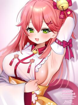 1girl arm_behind_head arm_up armpits bell breasts commentary_request detached_sleeves green_eyes hair_bell hair_ornament highres hololive japanese_clothes jingle_bell kimono koshiyuki_hiiro large_breasts long_hair looking_at_viewer open_mouth pink_hair sakura_miko sakura_miko_(1st_costume) solo virtual_youtuber white_kimono white_sleeves x_hair_ornament