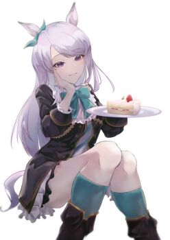 1girl animal_ears aqua_bow aqua_socks black_boots black_jacket blush boots bow cake cake_slice closed_mouth commentary_request diagonal-striped_shirt food hand_on_own_face holding holding_plate horse_ears horse_girl jacket kneehighs mejiro_mcqueen_(frontline_elegance)_(umamusume) mejiro_mcqueen_(umamusume) nyampasu3939 open_clothes open_jacket plate purple_eyes purple_hair shirt smile socks solo umamusume white_shirt