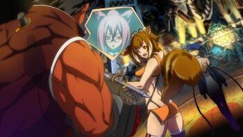 Rule 34 | 1boy, 3girls, ass, blazblue, blazblue: calamity trigger, breasts, brown eyes, brown hair, butt crack, iron tager, kokonoe (blazblue), large breasts, makoto nanaya, midriff, multiple girls, noel vermillion, official art, squirrel girl, tagme, tail, underboob, weapon