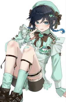 Rule 34 | 1boy, aqua eyes, aqua hair, aqua hat, aqua shirt, aqua socks, beret, black hair, black shoes, black shorts, blush, braid, commentary request, genshin impact, gradient hair, hat, highres, long sleeves, male focus, multicolored hair, open mouth, sahi00000, shirt, shoes, shorts, socks, solo, thigh strap, twin braids, venti (genshin impact)