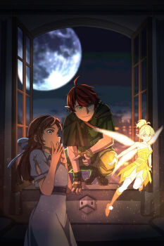 1boy black_footwear blonde_hair blue_dress blue_eyes boots brown_hair bug dress fairy feathers flute fly fly_agaric gloves green_eyes green_shirt green_tunic inker_bell_(novel_character) insect instrument leaf moon mushroom non-web_source pan_flute peter_pan_(novel) pointy_ears red_feathers red_hair shirt short_hair size_difference tinker_bell_(disney) toon_(style) tunic walt_disney&#039;s_peter_pan watermark wendy_darling