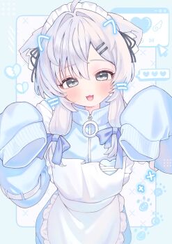 1girl :d ahoge animal_ear_fluff animal_ears apron black_ribbon blue_border blue_jacket border cat_ears cat_girl commentary_request cowboy_shot drawn_ears drawn_whiskers frilled_apron frills grey_eyes grey_hair grid_background hair_intakes hair_ornament hair_ribbon hairclip ham3c hands_up highres jacket jersey_maid long_hair long_sleeves looking_at_viewer mafuyu_(vrchat) maid maid_headdress open_mouth outside_border parallel_hairclips ribbon sleeves_past_fingers sleeves_past_wrists smile solo track_jacket unconventional_maid vrchat white_apron white_background zipper