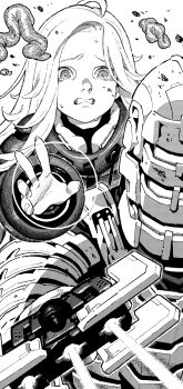 1boy 1girl ahoge android assault_visor blood blood_on_face coat crossover crying dead_space_(series) diana_(pragmata) greyscale gun highres holding holding_weapon ireading isaac_clarke long_hair monochrome nervous_sweating open_hand person_on_back plasma_cutter pragmata puffy_coat solo sweat tears teeth weapon