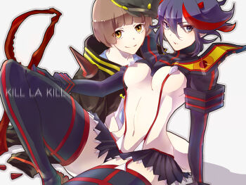 Rule 34 | 10s, 2girls, bad id, bad pixiv id, banchou, black hair, blue eyes, brown eyes, brown hair, coat, delinquent, hat, kill la kill, mankanshoku mako, matoi ryuuko, multiple girls, revealing clothes, school uniform, scissor blade (kill la kill), senketsu, shinsuke (moccori), smile, sword, weapon