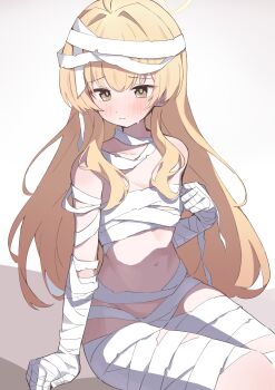 1girl absurdres ahoge bandaged_arm bandaged_hand bandaged_leg bandaged_neck bandages blonde_hair blue_archive blush breasts chest_sarashi closed_mouth collarbone dot_nose hair_between_eyes hair_over_shoulder halloween_costume halo hand_up highres loli long_hair long_sidelocks mummy_costume naked_bandage navel sarashi shiu_kyu sidelocks simple_background sitting small_breasts solo split_mouth sweatdrop very_long_hair white_background yellow_eyes yellow_halo yoshimi_(blue_archive) yoshimi_(halloween)_(blue_archive)