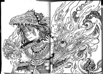 Rule 34 | 1girl, alternate costume, animal skull, arm around shoulder, bright pupils, commentary request, crease, earrings, extra eyes, facial mark, greyscale, hat feather, hatching (texture), highres, jewelry, linear hatching, looking to the side, mayan clothes, medium hair, monochrome, monster, multiple necklaces, necklace, nijisanji, scan, shou-star, skull on head, traditional media, virtual youtuber