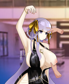 absurdres arm_levitation armpits bare_shoulders bb_(fate) bb_dubai_(fate) bracelet braid breasts choker collarbone disembodied_hand dress empty_eyes expressionless fate/grand_order fate_(series) finger_to_forehead gold grabbing_another&#039;s_breast groping hair_ornament hair_ribbon highres huge_breasts hypnosis jewelry kronobas large_breasts long_hair mind_control nail_polish necklace nipples one_breast_out purple_eyes purple_hair ribbon saliva signature solo trembling very_long_hair watermark