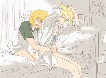 Rule 34 | 1boy, 1girl, annie leonhart, armin arlert, blonde hair, blue eyes, blunt bangs, blush, bra, closed eyes, collared shirt, contemporary, couple, hair between eyes, hetero, highres, hug, hug from behind, implied sex, indoors, looking down, looking to the side, monochrome background, no pants, on bed, open clothes, open mouth, shingeki no kyojin, shirt, short hair, short sleeves, sitting, sweat, underwear, upper body, white shirt, yi (199702090505)