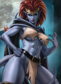 1girl abs artist_name belt black_belt breasts colored_skin dandon_fuga demona earrings gargoyles green_eyes grey_skin hand_on_own_hip highres hoop_earrings jewelry lips navel pointy_ears red_hair red_lips solo tail tiefling